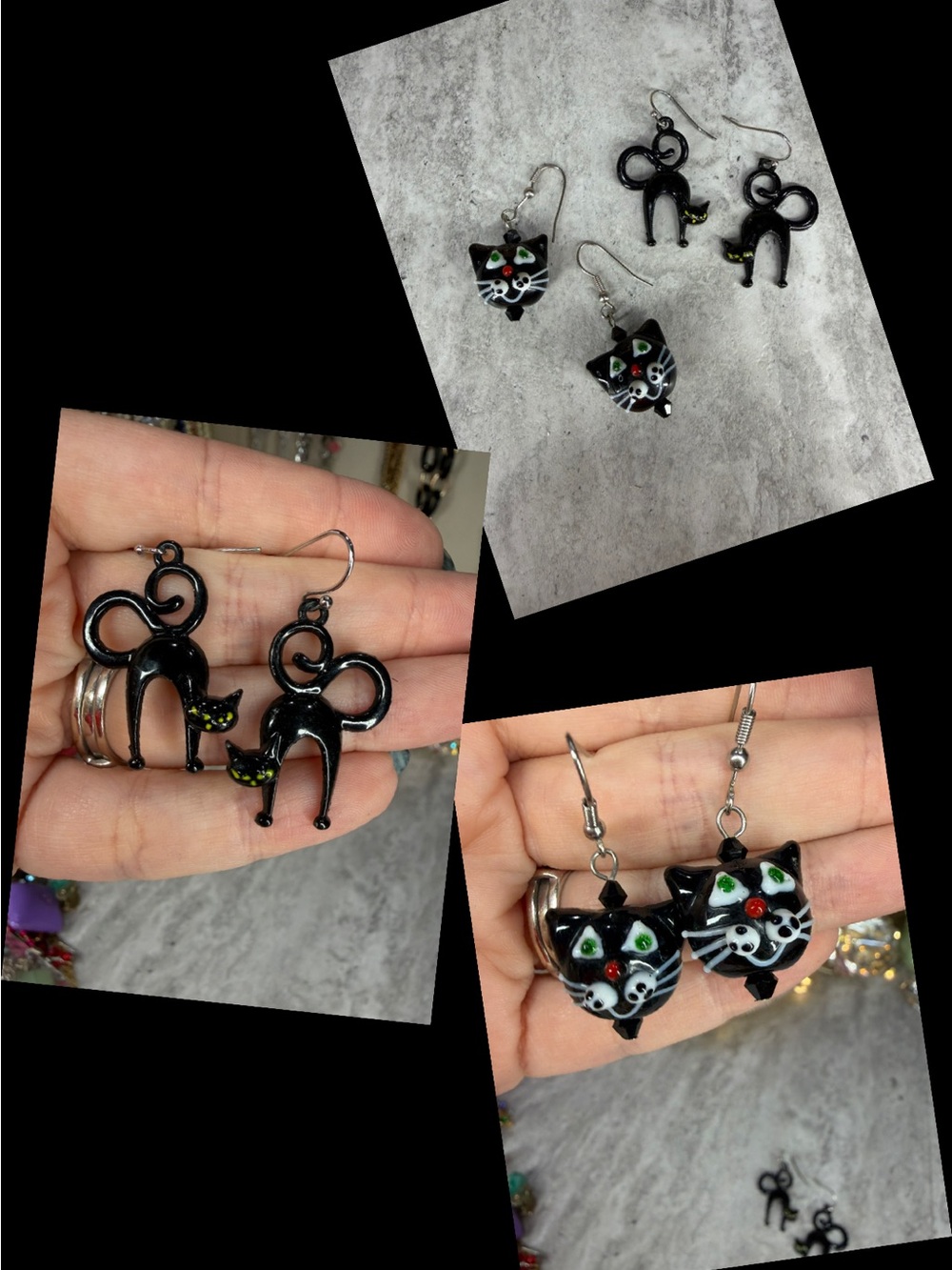 Halloween Black Cat Earrings Glass Spooky Dangle Jewelry Set